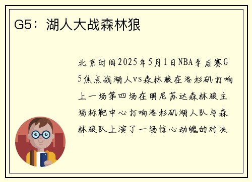 G5：湖人大战森林狼
