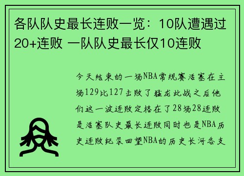 各队队史最长连败一览：10队遭遇过20+连败 一队队史最长仅10连败