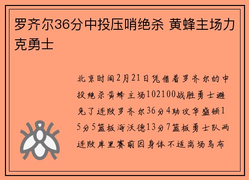 罗齐尔36分中投压哨绝杀 黄蜂主场力克勇士